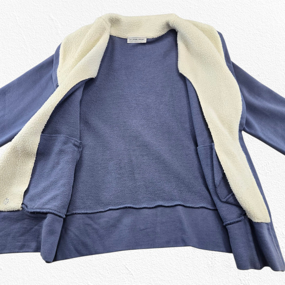 Y2K St John Sport Blue Knit Jacket Shearling Collar Asymmetrical Zip Size Medium - Picture 7 of 11